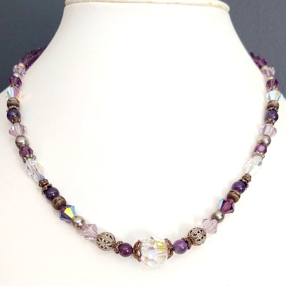 Jewelry - Purple and clear glass necklace with silver accents